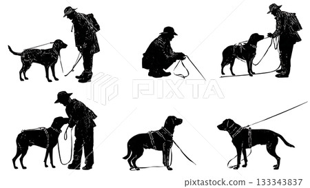 Black Solid Adjusting Gear Dog Walker Silhouettes Set of Six on White Background 133343837