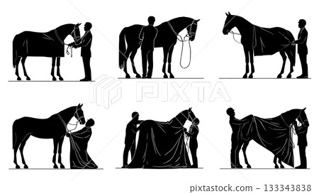 Black Solid Adjusting Horse Blanket Silhouettes Set of Six on White Background 133343838