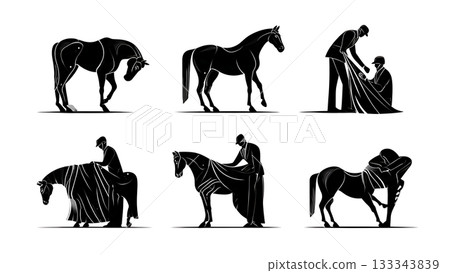 Black Solid Adjusting Horse Blanket Silhouettes Set of Six on White Background Black Solid Adjusting Horse Blanket Silhouettes Set of Six on White Background 133343839
