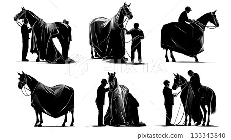 Black Solid Adjusting Horse Blanket Silhouettes Set of Six on White Background 133343840