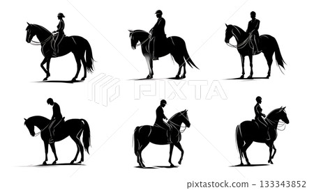 Black Solid Adjusting Saddle Position Horse Riding Silhouettes Set of Six on White Background 133343852