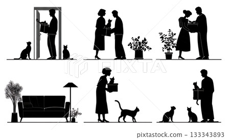 Black Solid Adopting New Cat Owner Silhouettes Set of Six on White Background Black Solid Adopting New Cat Owner Silhouettes Set of Six on White Background 133343893