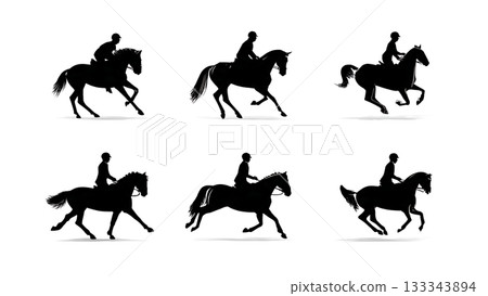 Black Solid Aids Off Canter Horse Riding Silhouettes Set of Six on White Background Black Solid Aids Off Canter Horse Riding Silhouettes Set of Six on White Background 133343894