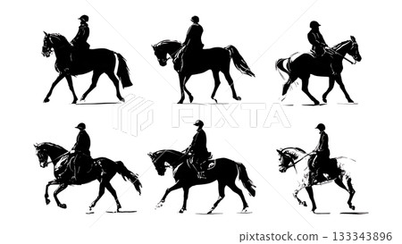 Black Solid Aids Off Canter Horse Riding Silhouettes Set of Six on White Background Black Solid Aids Off Canter Horse Riding Silhouettes Set of Six on White Background 133343896