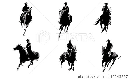Black Solid Aids Off Canter Horse Riding Silhouettes Set of Six on White Background Black Solid Aids Off Canter Horse Riding Silhouettes Set of Six on White Background 133343897