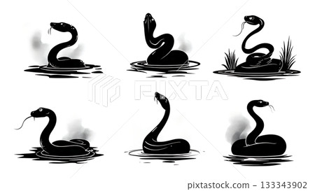 Black Solid Anaconda Submerging Slowly Murky Water Silhouettes Set of Six on White Background 133343902