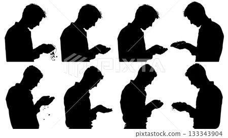 Person Analyzing Soil in Hands Silhouette Set of Six 133343904