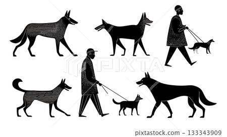 Black Solid Ancient Primitive Breed Dog Walker Silhouettes Set of Six on White Background Black Solid Ancient Primitive Breed Dog Walker Silhouettes Set of Six on White Background 133343909