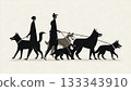 Black Solid Ancient Primitive Breed Dog Walker Silhouettes Set of Six on White Background 133343910