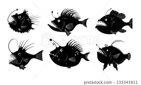 Black Solid Anglerfish Bioluminescent Lure Deep Sea Gloom Silhouettes Set of Six on White Background 133343911