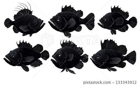 Black Solid Anglerfish Bioluminescent Lure Deep Sea Gloom Silhouettes Set of Six on White Background 133343912