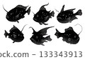 Black Solid Anglerfish Bioluminescent Lure Deep Sea Gloom Silhouettes Set of Six on White Background 133343913