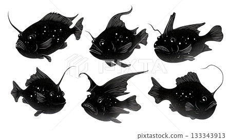 Black Solid Anglerfish Bioluminescent Lure Deep Sea Gloom Silhouettes Set of Six on White Background Black Solid Anglerfish Bioluminescent Lure Deep Sea Gloom Silhouettes Set of Six on White Background 133343913