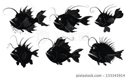 Black Solid Anglerfish Bioluminescent Lure Deep Sea Gloom Silhouettes Set of Six on White Background 133343914