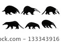 Black Solid Anteater Walking Standing Snout Lowered Silhouettes Set of Six on White Background 133343916