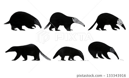 Black Solid Anteater Walking Standing Snout Lowered Silhouettes Set of Six on White Background 133343916