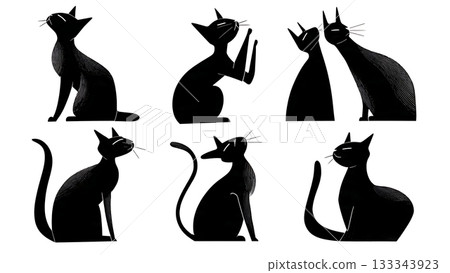 Black Solid Applying Sunscreen Cat Owner Silhouettes Set of Six on White Background 133343923
