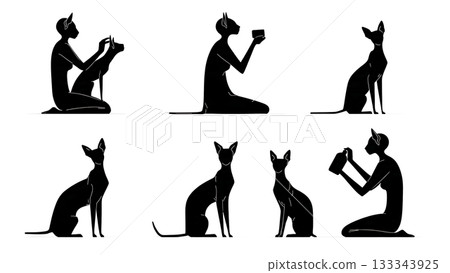 Black Solid Applying Sunscreen Cat Owner Silhouettes Set of Six on White Background Black Solid Applying Sunscreen Cat Owner Silhouettes Set of Six on White Background 133343925