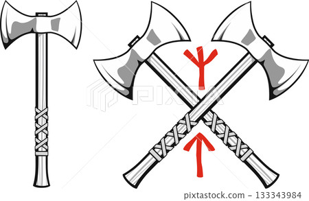 crossed Viking battle axes with Scandinavian runes Algiz - protection and Tiwaz  warrior 133343984