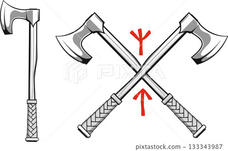 crossed Viking battle axes with Scandinavian runes Algiz - protection and Tiwaz warrior crossed Viking battle axes with Scandinavian runes Algiz - protection and Tiwaz warrior 133343987