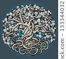 Yggdrasil is a mythical world tree in Scandinavian mythology and cosmology, an ash tree drawn as engraving 133344032