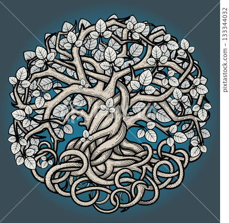 Yggdrasil is a mythical world tree in Scandinavian mythology and cosmology, an ash tree drawn as engraving Yggdrasil is a mythical world tree in Scandinavian mythology and cosmology, an ash tree drawn as engraving 133344032