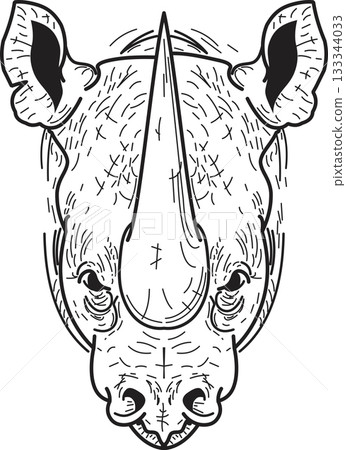 angry wrinkled strong rhinoceros full face black lines on white background angry wrinkled strong rhinoceros full face black lines on white background 133344033