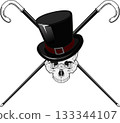 skull in old fashioned top hat with crossed walking sticks isolated white background 133344107