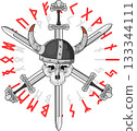Viking skull in horned helmet against background of swords and Scandinavian runes isolated white background 133344111