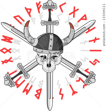 Viking skull in horned helmet against background of swords and Scandinavian runes isolated white background 133344111