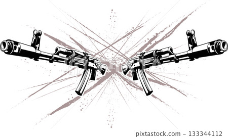 illustration of two Kalashnikov assault rifles in the form of tattoo on an abstract background 133344112