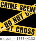 Police tape with the inscription crime scene do not cross yellow on black background close up 133344132