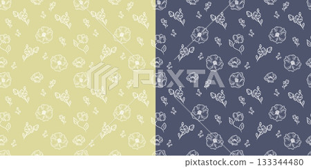 Two Floral Line Art Vector Seamless Patterns 133344480