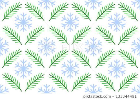 Seamless pattern with green fir tree branches and light blue snowflake. flat style 133344481