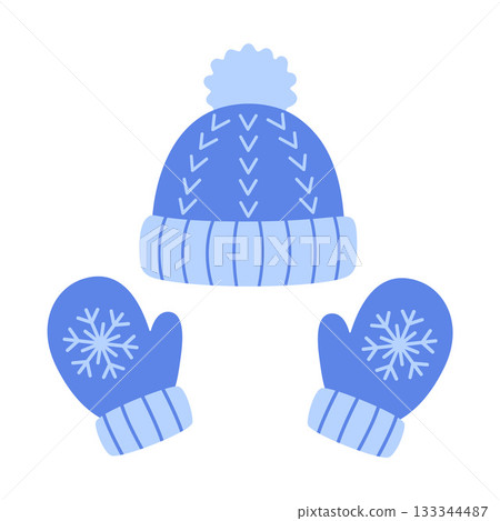 winter accessories set. blue hat and blue mittens. flat style. 133344487
