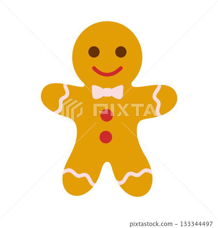 Gingerbread man cookie with red buttons, bow tie, and smiling face. Colorful flat style 133344497