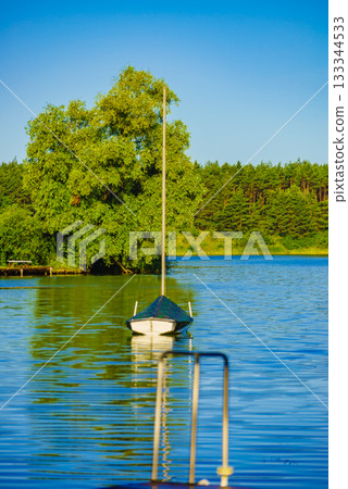 Yacht on lake in Tuchola Forests, Poland. 133344533