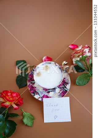 gratitude, roses and an elegant cup of coffee 133344552