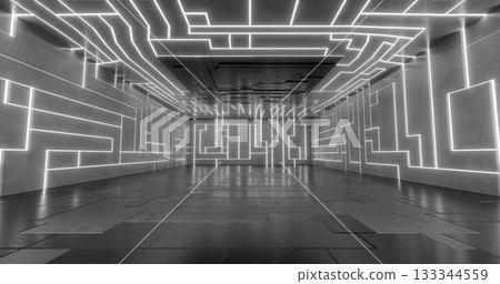 3d rendering. Futuristic sci-fi laboratory or spaceship corridor with neon light. 3d rendering. Futuristic sci-fi laboratory or spaceship corridor with neon light. 133344559