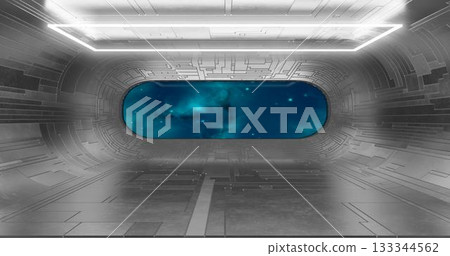 3d rendering. Futuristic sci-fi laboratory or spaceship corridor with neon light. 3d rendering. Futuristic sci-fi laboratory or spaceship corridor with neon light. 133344562