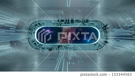3d rendering. Futuristic sci-fi laboratory or spaceship corridor with neon light. 133344563