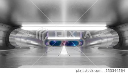 3d rendering. Futuristic sci-fi laboratory or spaceship corridor with neon light. 133344564