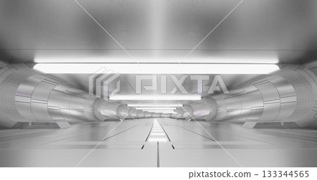 3d rendering. Futuristic sci-fi laboratory or spaceship corridor with neon light. 133344565
