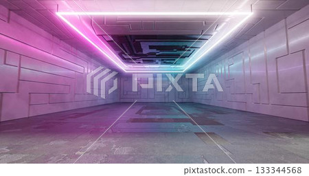 3d rendering. Futuristic sci-fi laboratory or spaceship corridor with neon light. 3d rendering. Futuristic sci-fi laboratory or spaceship corridor with neon light. 133344568