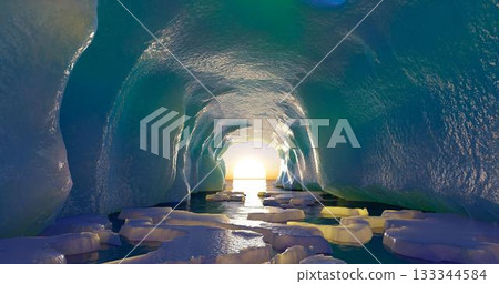 3d rendering. An arctic glacier with an ocean tunnel and small ice floes floating around against a blue sky with clouds. 133344584