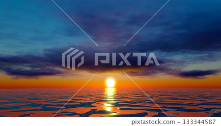 3d rendering. Illustration of an ocean with a cloudy sky at sunset or sunrise. beautiful seascape. 3d rendering. Illustration of an ocean with a cloudy sky at sunset or sunrise. beautiful seascape. 133344587