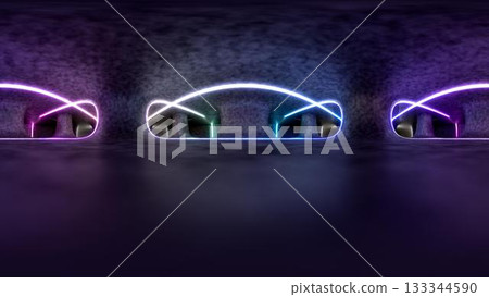 3d rendering. 360 degree spherical seamless vr panorama. Abstract empty dark interior with neon lighting, HDRI environment map of exhibition gallery with glossy walls. 133344590