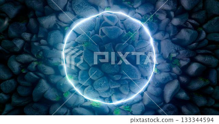 3d rendering. A surface of blue water with a stone bottom and ripples on the surface from raindrops in neon blue light illumination. 3d rendering. A surface of blue water with a stone bottom and ripples on the surface from raindrops in neon blue light illumination. 133344594