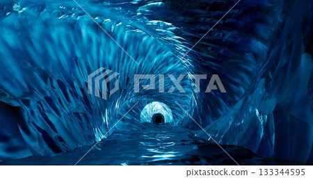 3d rendering. Ice cave entrance. frozen tunnel with icy walls of blue ice. 133344595