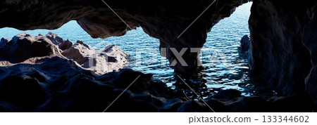 3d rendering. Abstract image of a cave and a gorge in the mountains overlooking the ocean. 3d rendering. Abstract image of a cave and a gorge in the mountains overlooking the ocean. 133344602